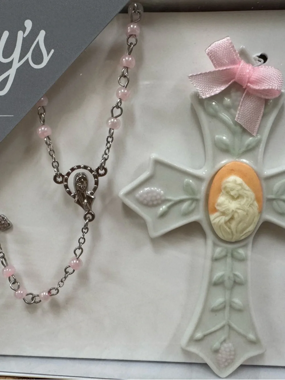Roman Baby Rosary Set with Pink Beads and Decorative Cross